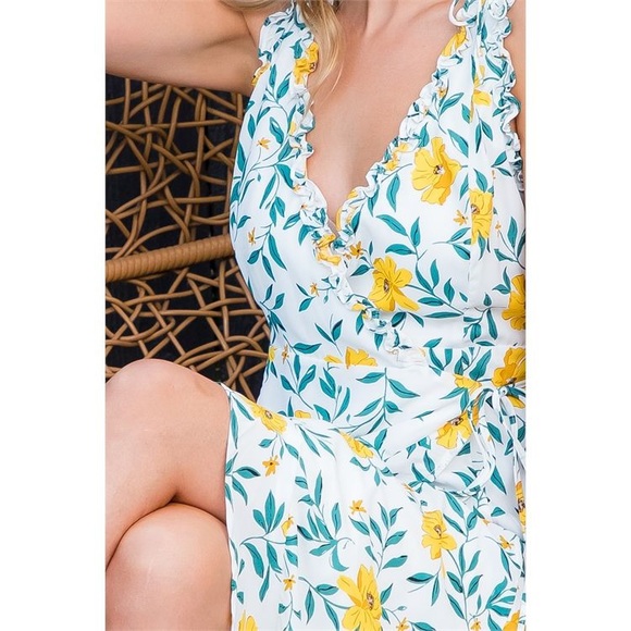 LAST 3️⃣ WHITE YELLOW GREEN FLORAL RUFFLE DETAIL LONG BACK DRESS - Picture 7 of 7